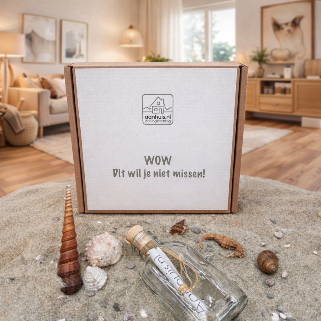 Save the date voor 15 jaar aanhuis.nl in een flessenpost-doosje
