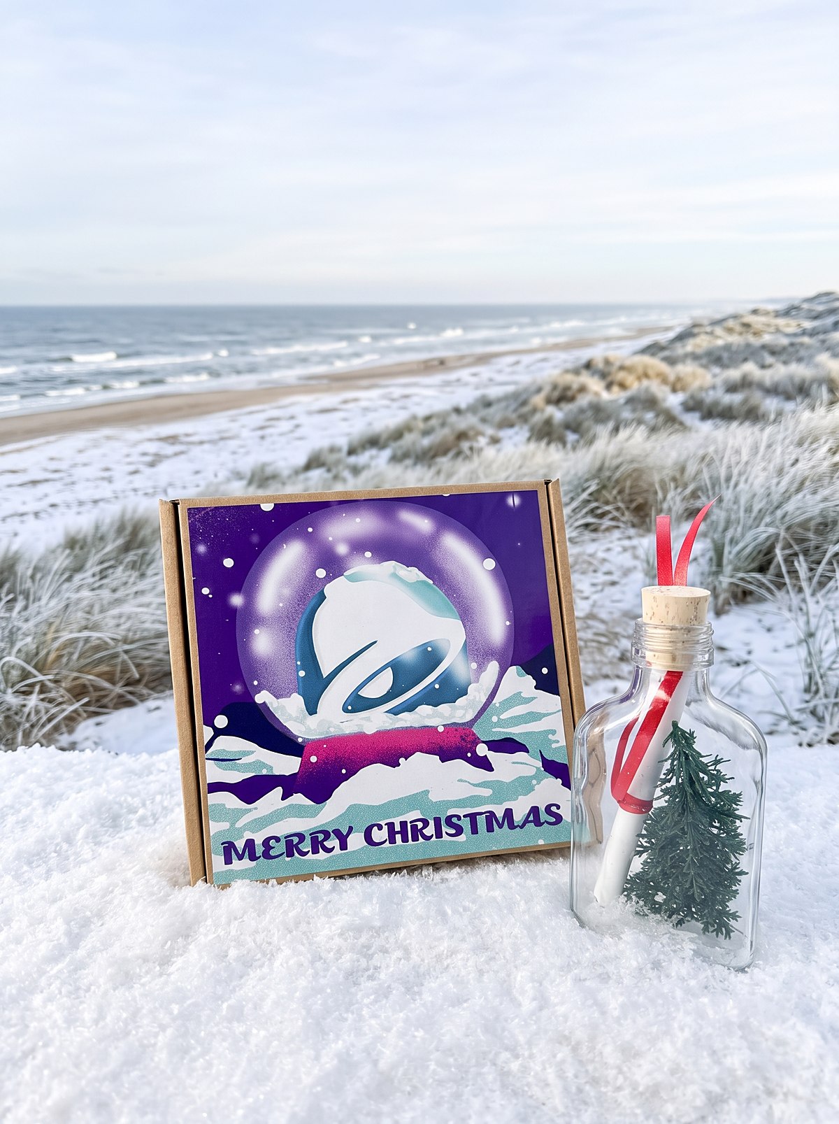 Kerstflessenpost voor Taco Bell: doosje met sneeuwbol-sticker en Merry Christmas en een flesje met opgerolde bon en kerstboompje, in de sneeuw op een winterstrand aan zee