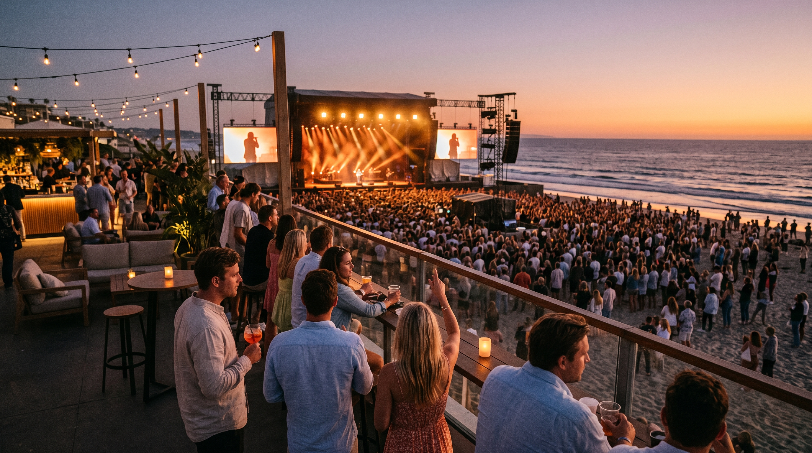 Gasten op een hospitalityterras kijken naar een concert op het strand bij zonsondergang