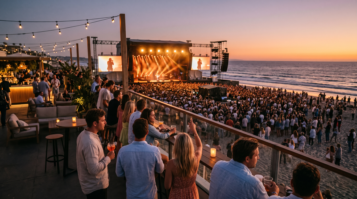 Gasten op een hospitalityterras kijken naar een concert op het strand bij zonsondergang
