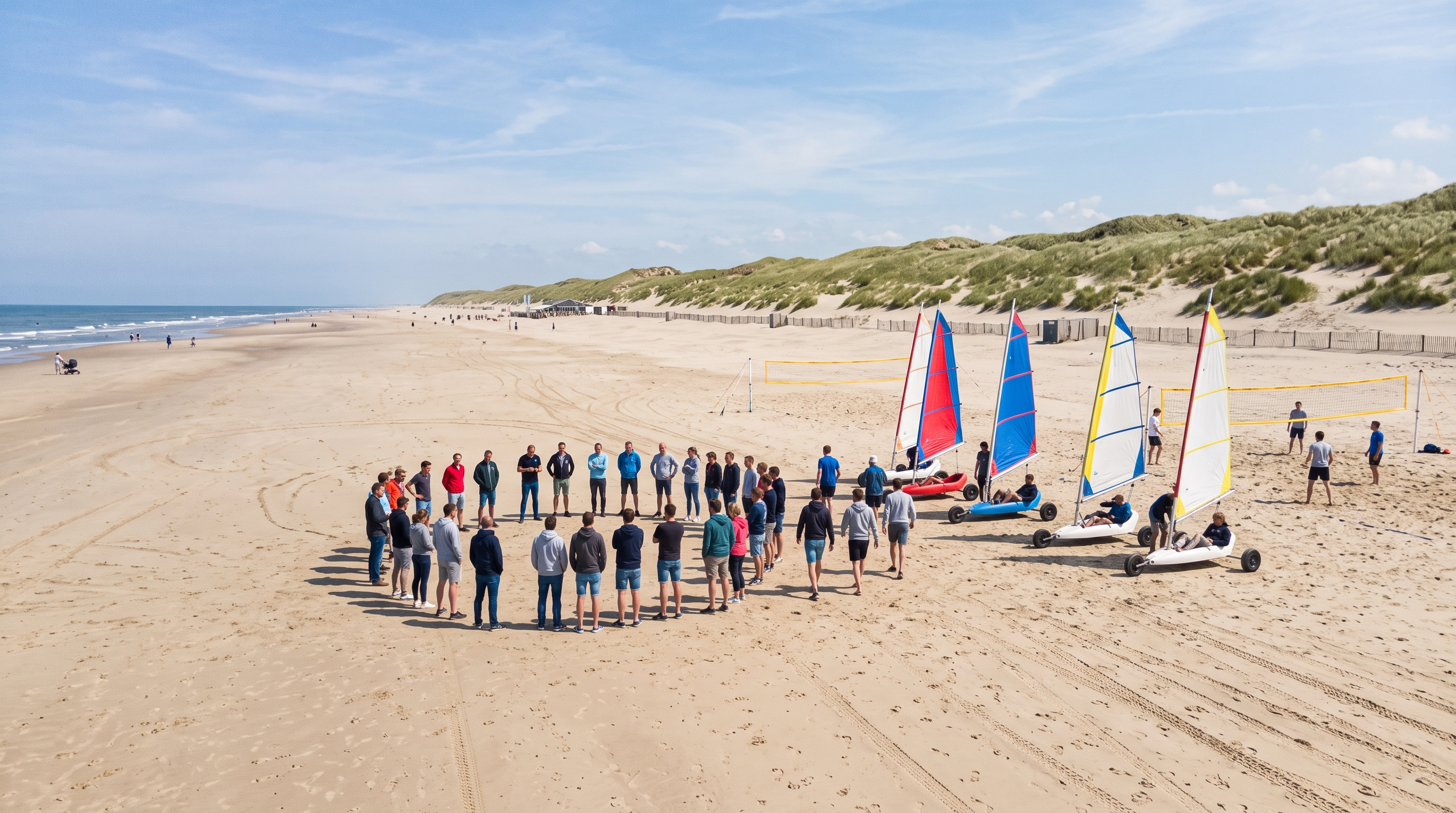 Collega's doen een teamactiviteit op een breed strand met strandzeilers en een volleybalnet
