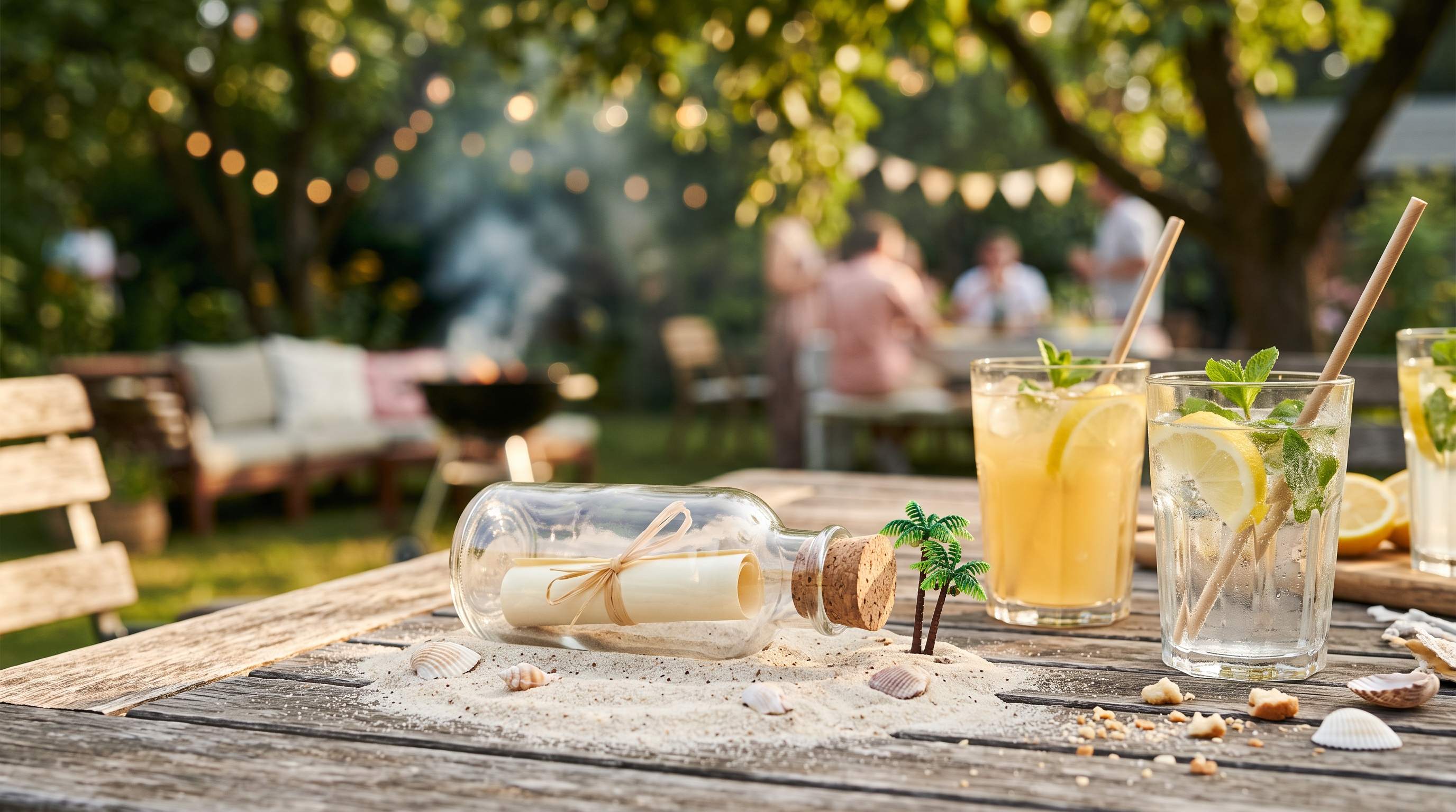Flessenpost in het zand met schelpjes en palmboompje op een tuintafel bij een zomerborrel