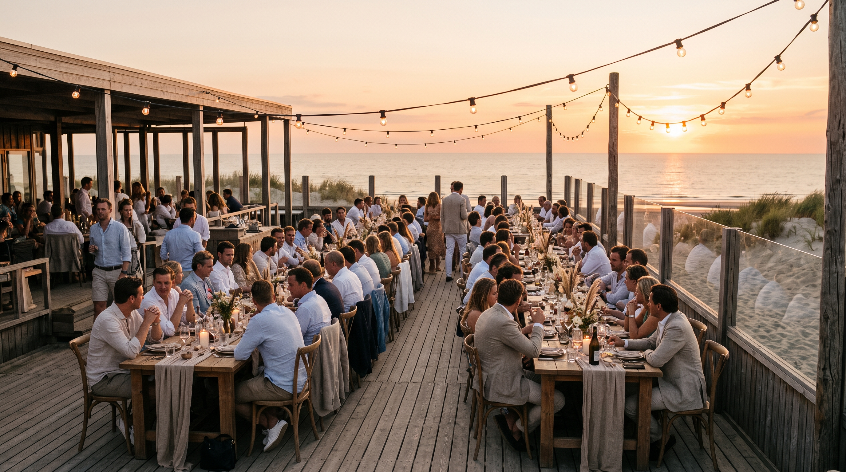 Bedrijfsfeest op het terras van een beachclub aan zee bij zonsondergang