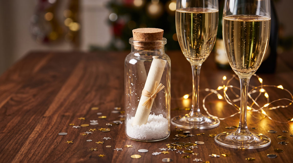 Flessenpost met nepsneeuw naast champagneglazen en confetti voor een nieuwjaarsborrel