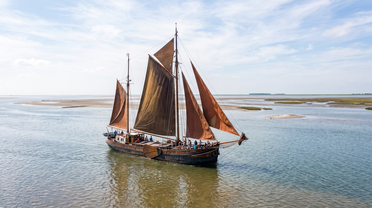Zeilklipper met bruine zeilen op de Waddenzee met een groep aan dek