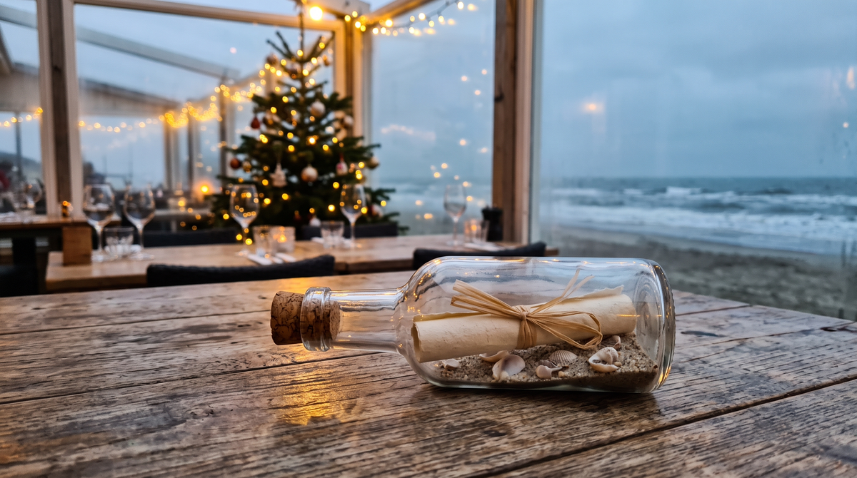 Flessenpost met opgerolde uitnodiging op tafel in een strandpaviljoen met kerstverlichting en winters strand