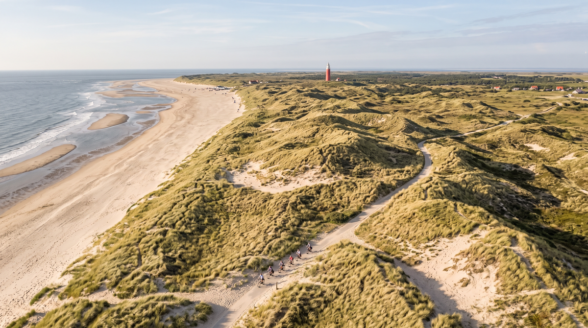 Strand en duinen van een Waddeneiland met vuurtoren en fietsers op een duinpad