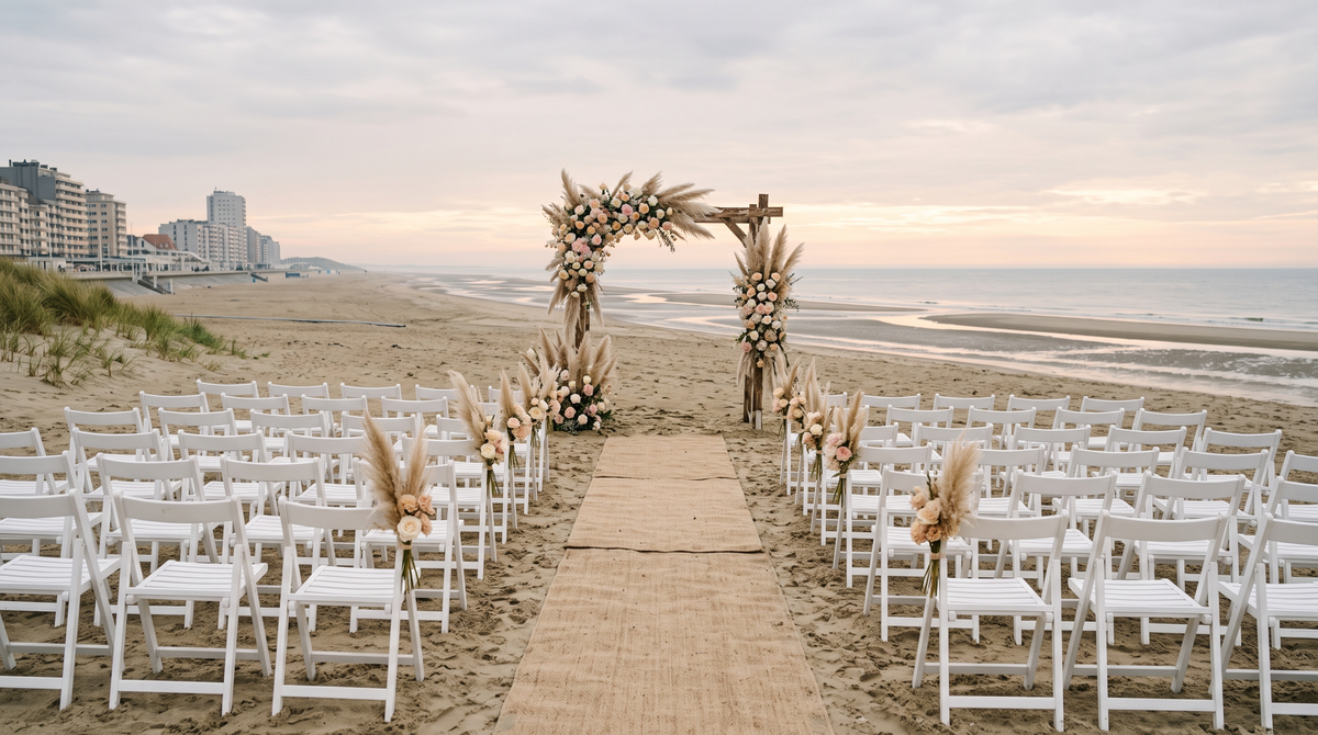 Opstelling voor een strandceremonie met witte stoelen en bloemenboog aan de Belgische kust