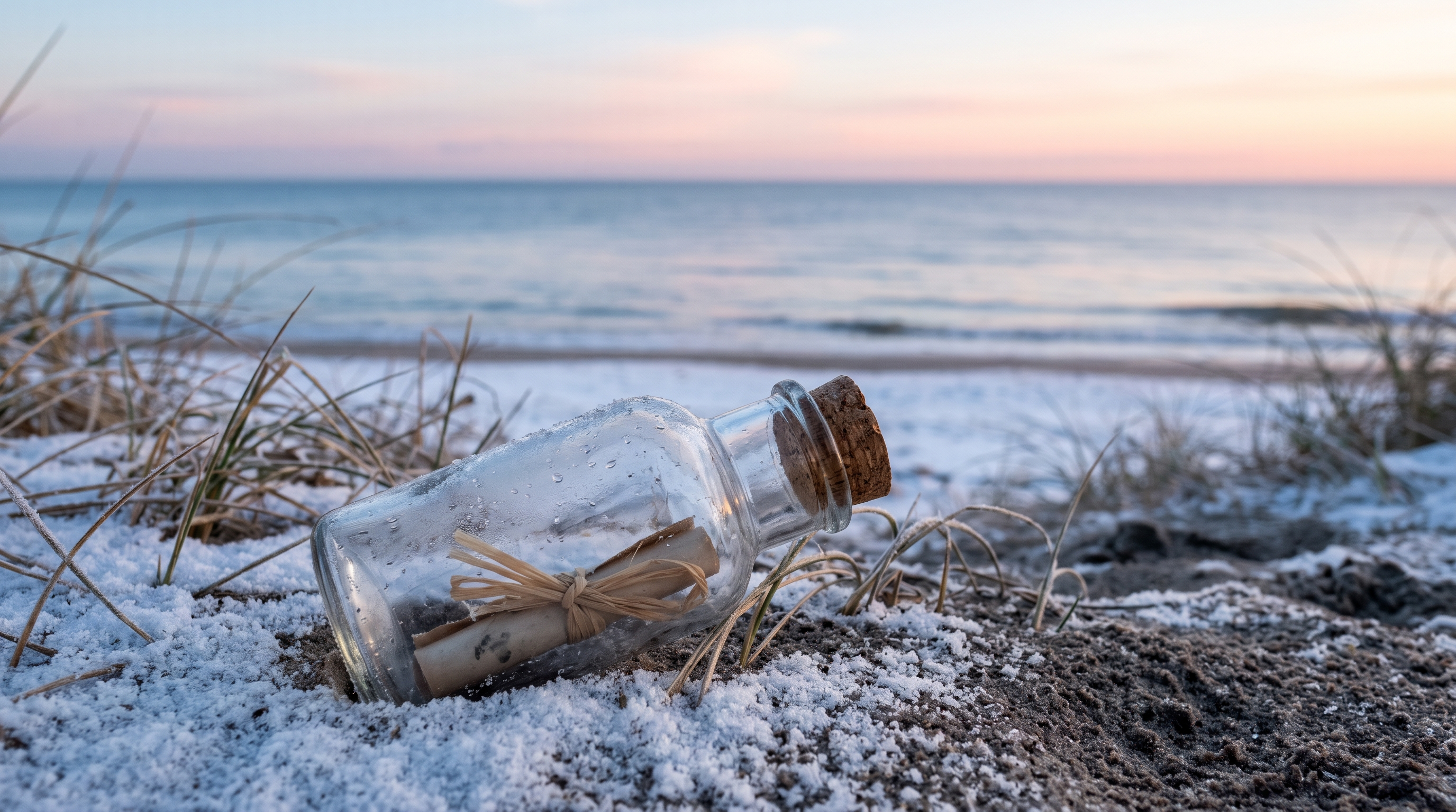 Glazen flesje met kurk en opgerolde boodschap in de sneeuw op het strand bij zonsopkomst
