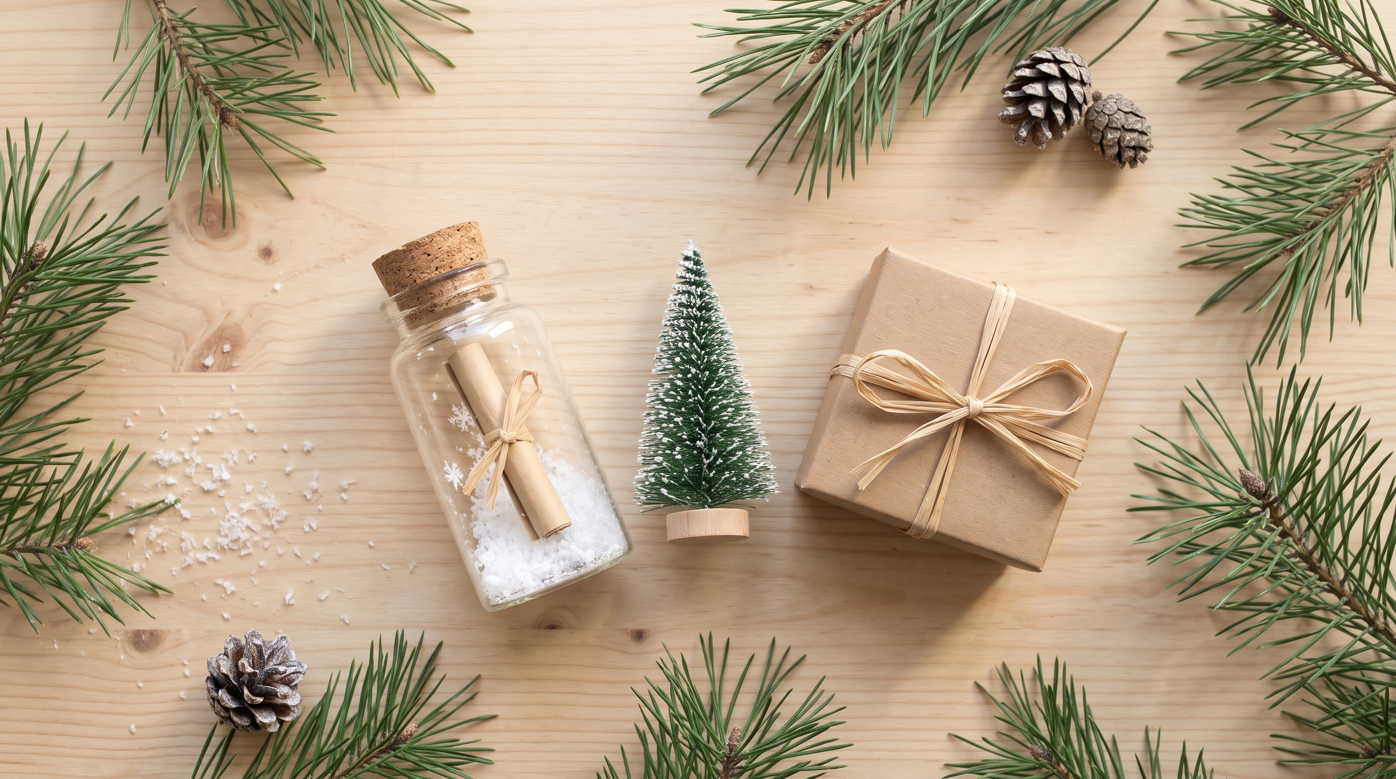 Glazen flesje met kurk, opgerolde boodschap en nepsneeuw naast een klein kerstboompje en een kraftpakje op een houten tafel