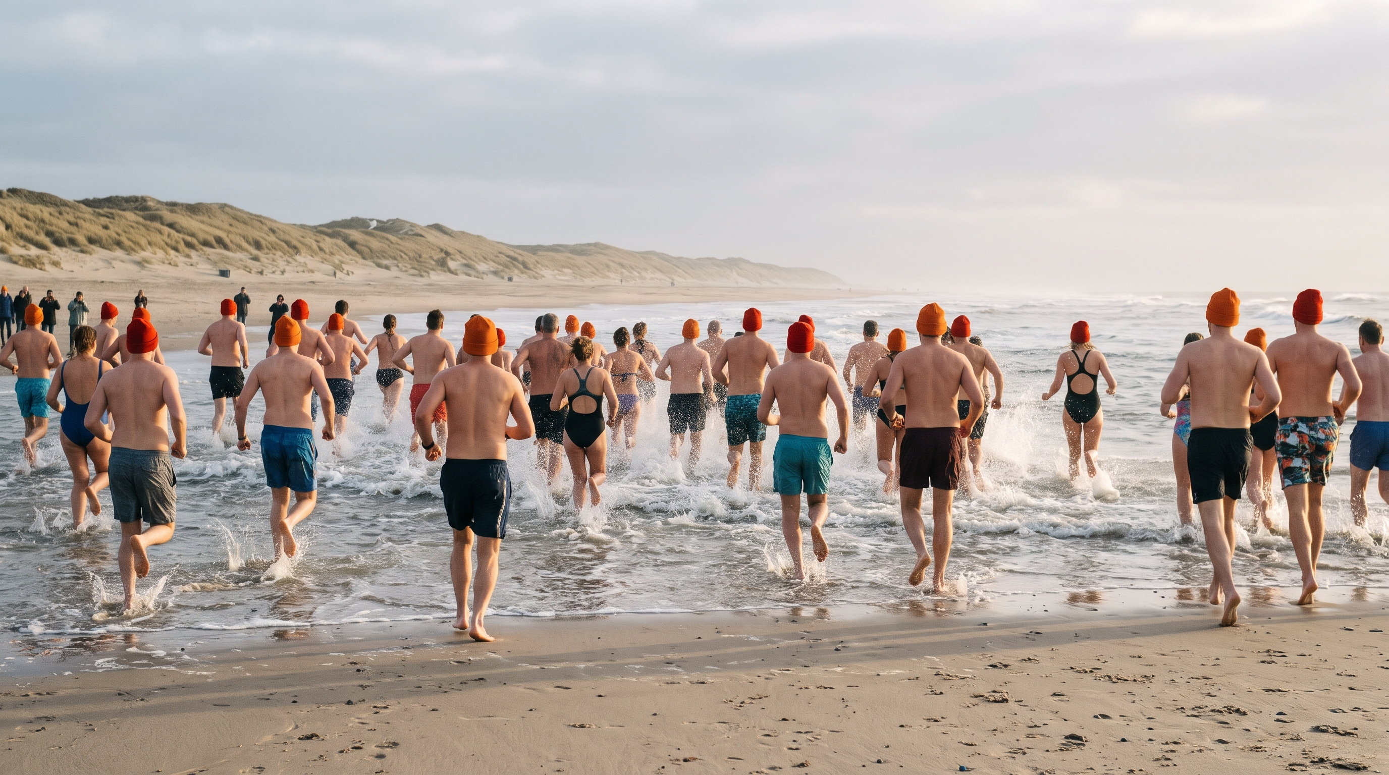 Groep mensen met oranje en rode mutsen rent bij een nieuwjaarsduik de Noordzee in, van achteren gezien, met duinen op de achtergrond
