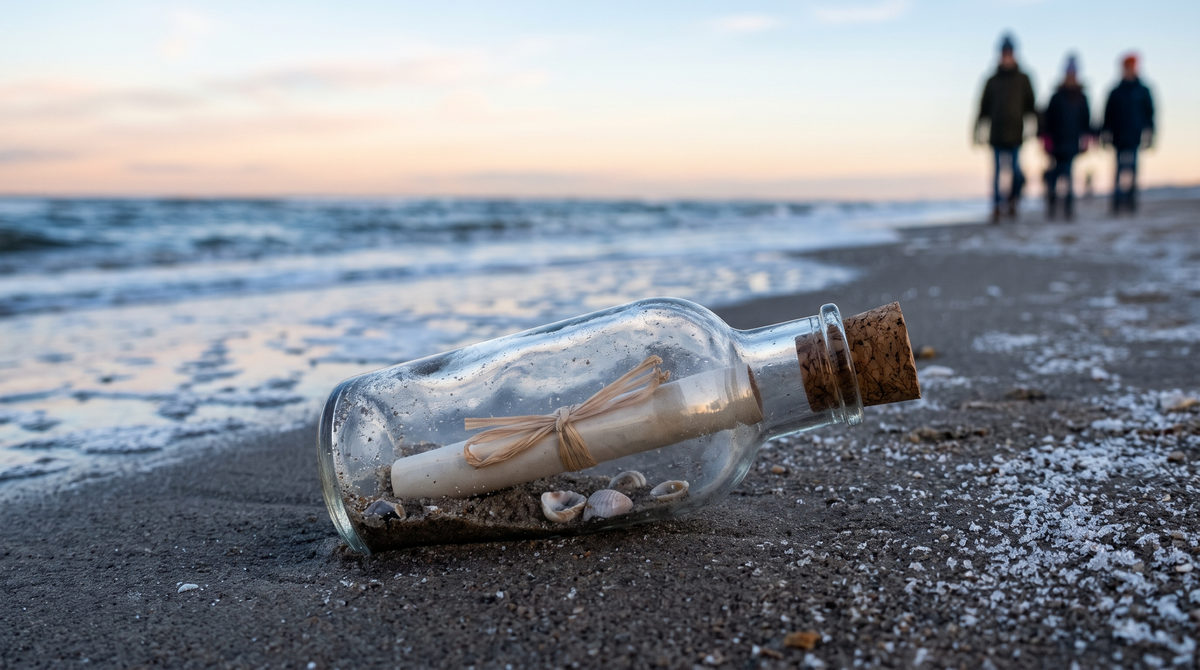 Glazen flesje met kurk, opgerolde boodschap met raffia, zand en schelpjes op een winters strand, met in de verte wandelaars met mutsen