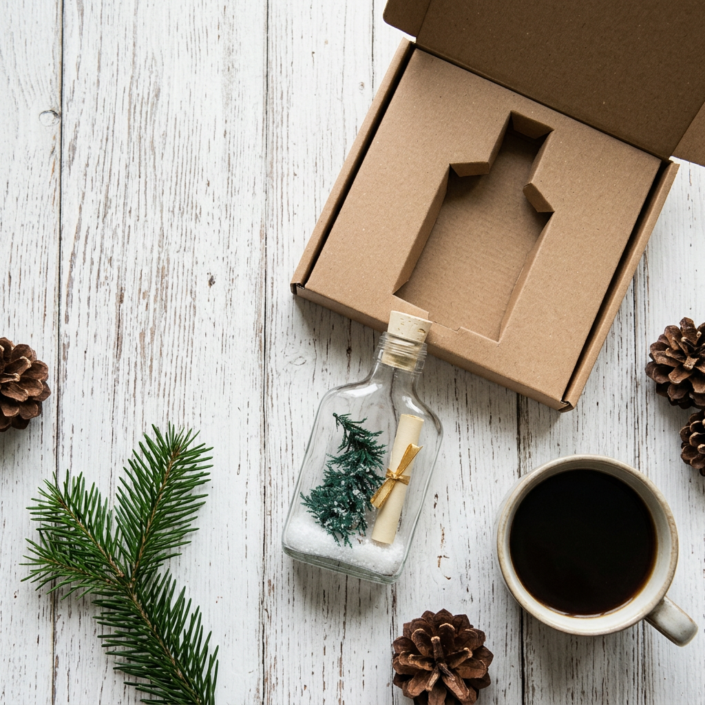 Kerstflessenpost van bovenaf naast het open brievenbusdoosje, dennentakken en een kop koffie