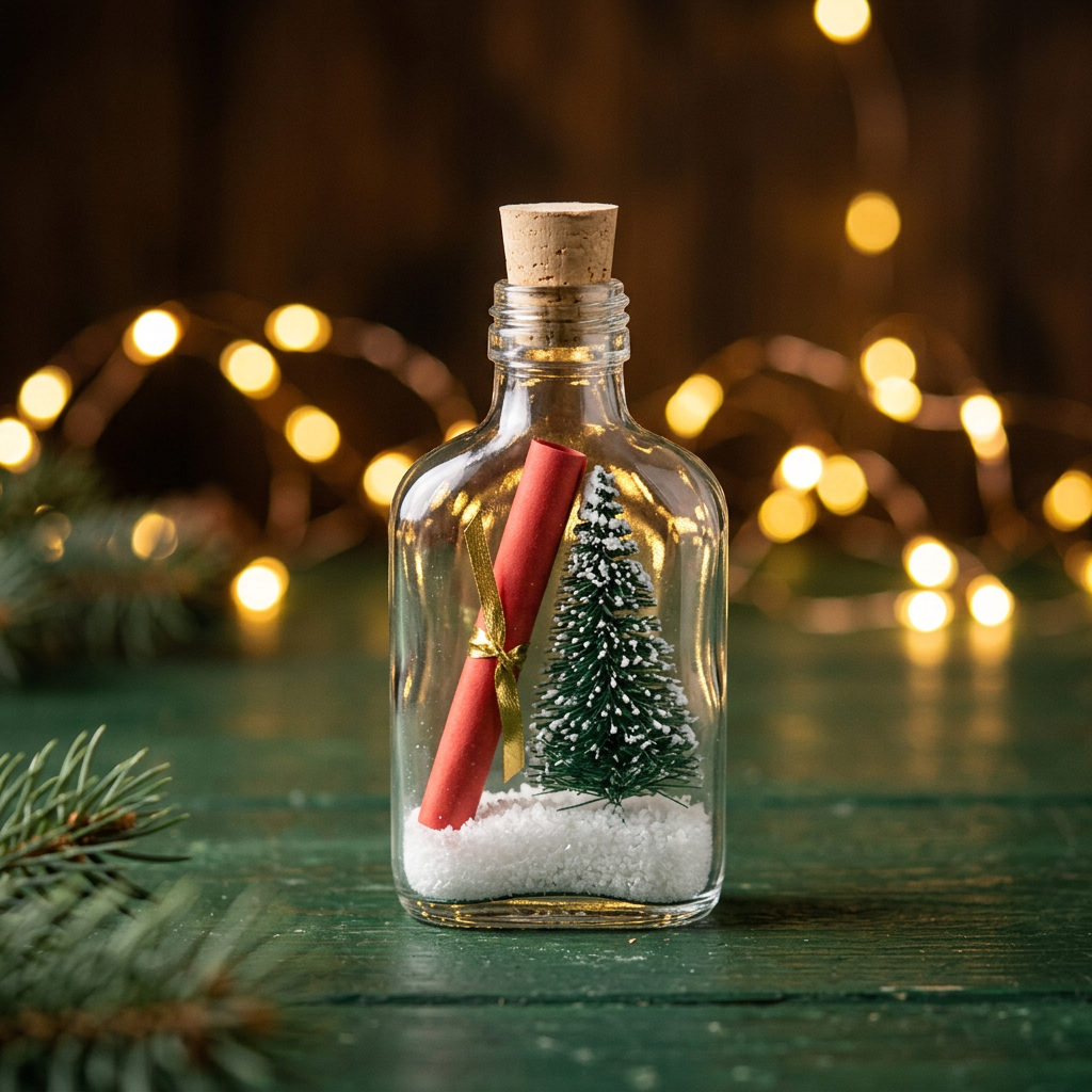 Kerstflessenpost: glazen flesje met nepsneeuw, kerstboompje en opgerolde kerstgroet, met kerstlichtjes op de achtergrond
