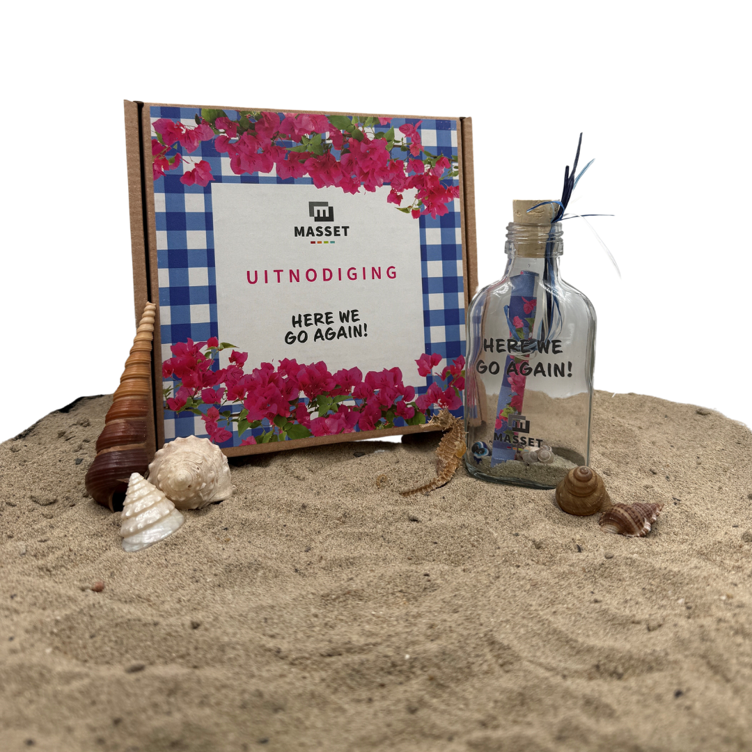 Flessenpost-uitnodiging Mama Mia voor het bedrijfsfeest van Masset