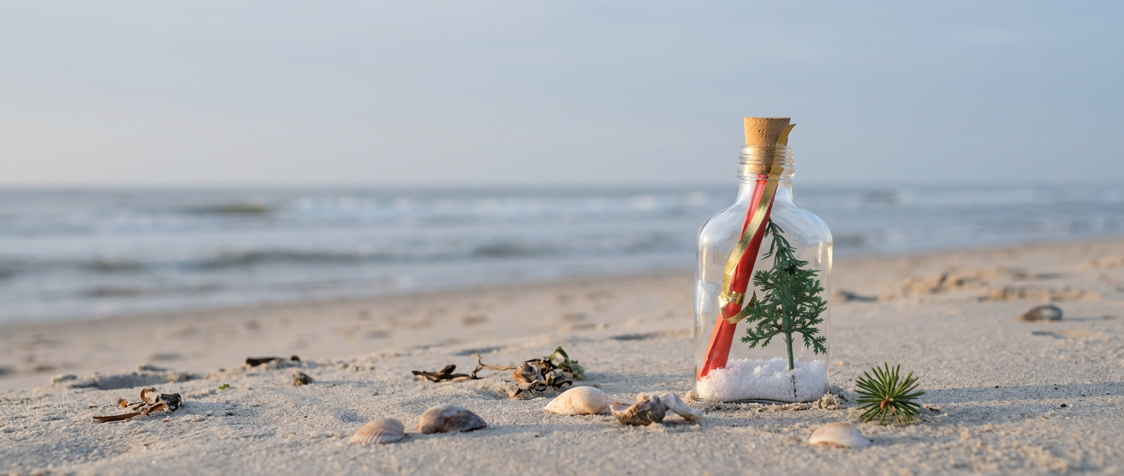 Kerstflessenpost: glazen flesje met nepsneeuw, kerstboompje en opgerolde uitnodiging in het zand aan zee