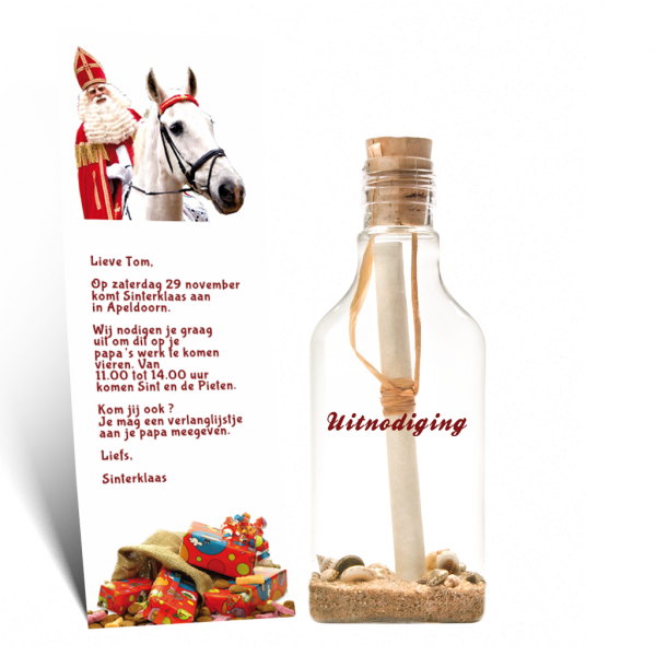 Uitnodiging voor een sinterklaasfeest van een bedrijf in een flessenpost