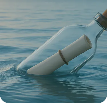 Glazen fles met opgerolde brief drijft in helderblauw water