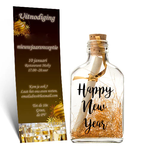 Uitnodiging voor een nieuwjaarsborrel voor collega's in een flessenpost