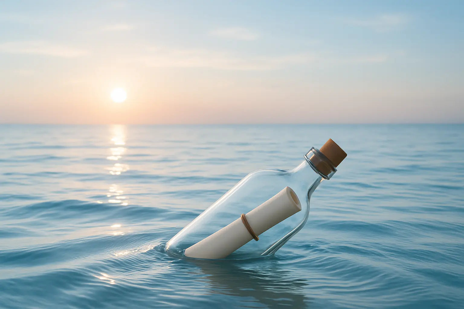 Flessenpost met opgerolde brief drijft op zee bij zonsondergang