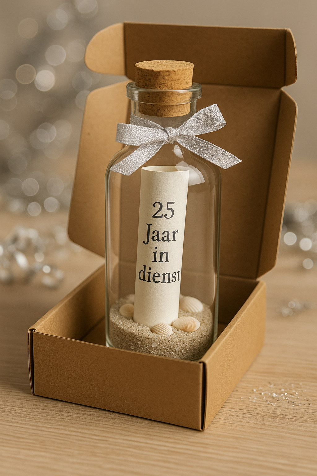 Opgerolde jubileumuitnodiging in een glazen flesje voor 25 jaar KADEM Infratech