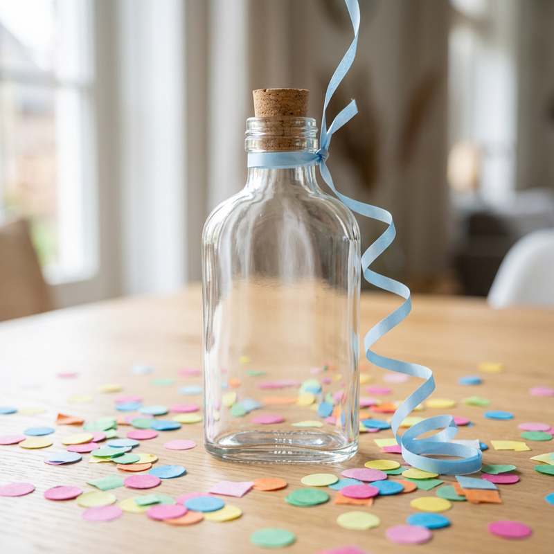 Glazen flesje met een ballonlint en gekleurde confetti op tafel