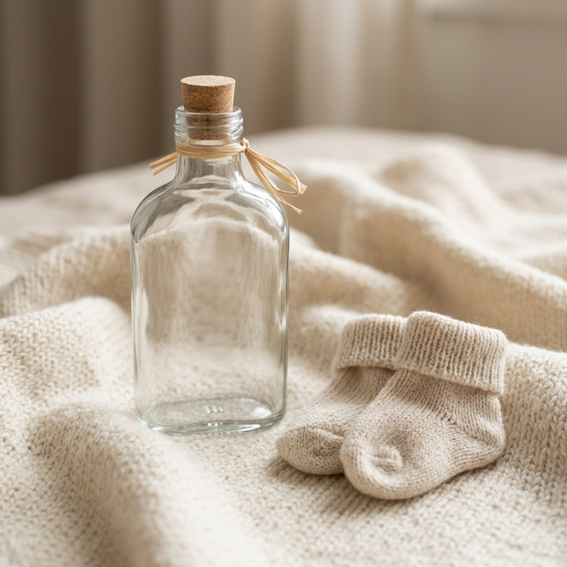 Glazen flesje op een gebreide babydeken naast kleine babysokjes
