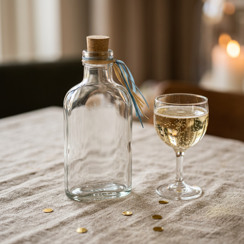 Glazen flesje op een linnen tafelkleed met gouden confetti en een glas bubbels