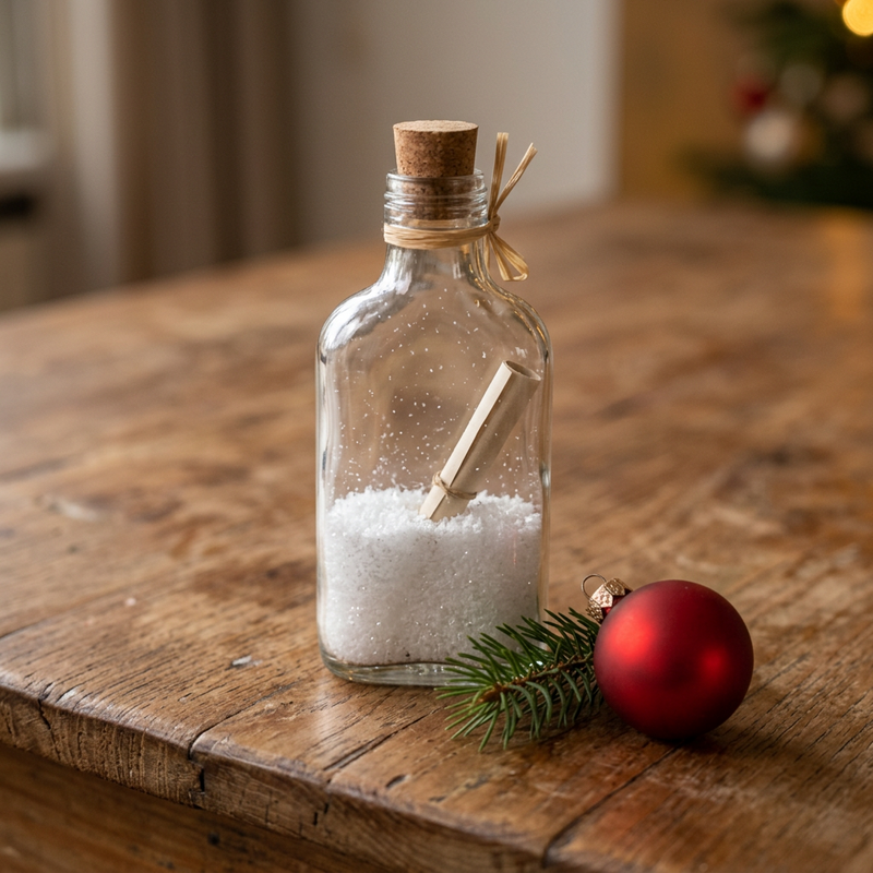 Glazen flesje met nepsneeuw en uitnodiging op een houten tafel met een dennentakje en een rode kerstbal