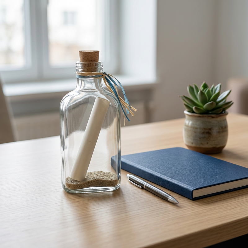 Glazen flesje met uitnodiging op een bureau naast een notitieboek en een plantje