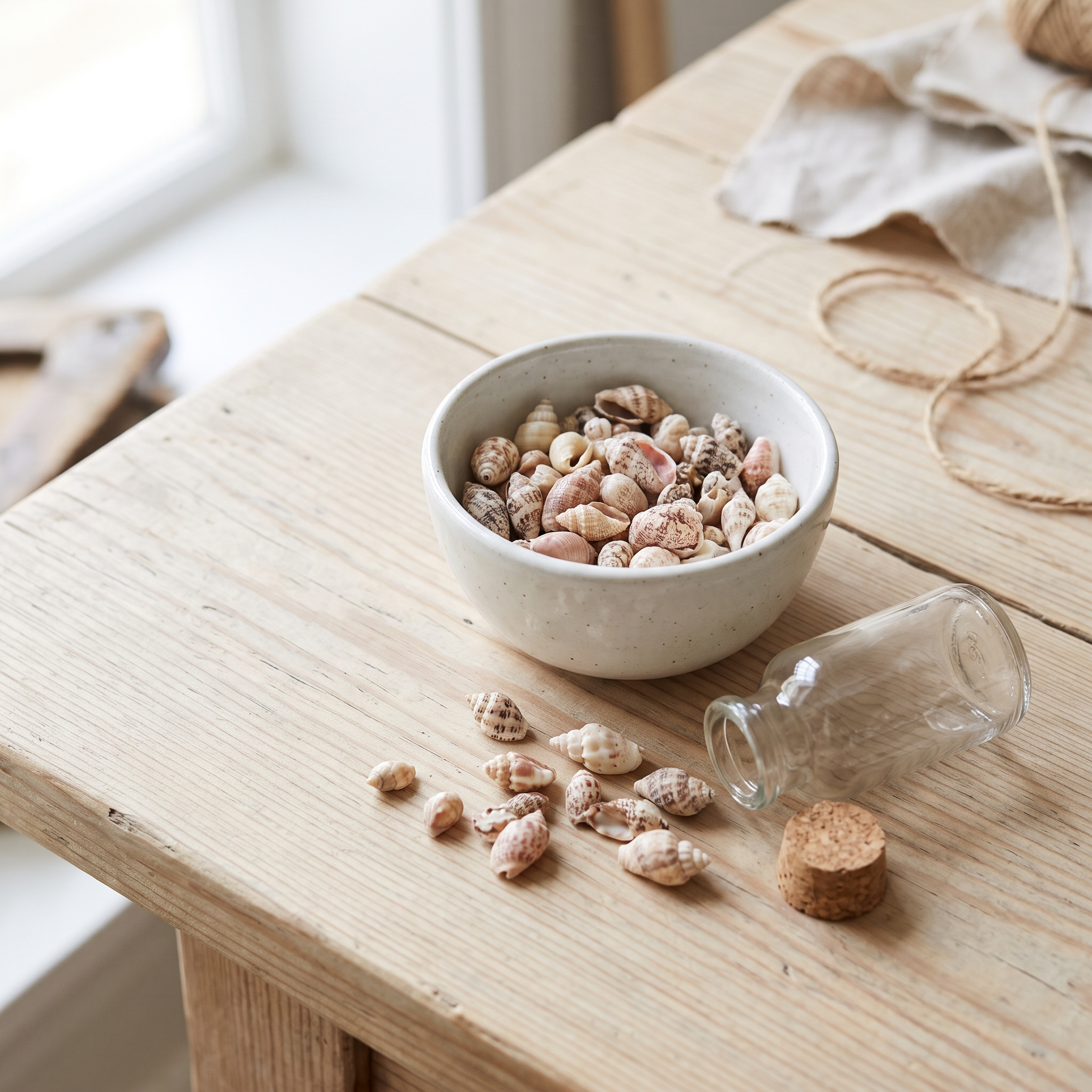 Schaaltje met kleine schelpjes op een houten tafel naast een leeg flesje met kurk