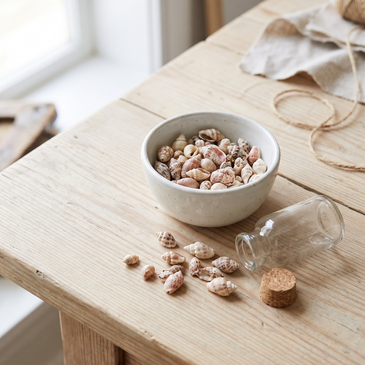 Schaaltje met kleine schelpjes op een houten tafel naast een leeg flesje met kurk