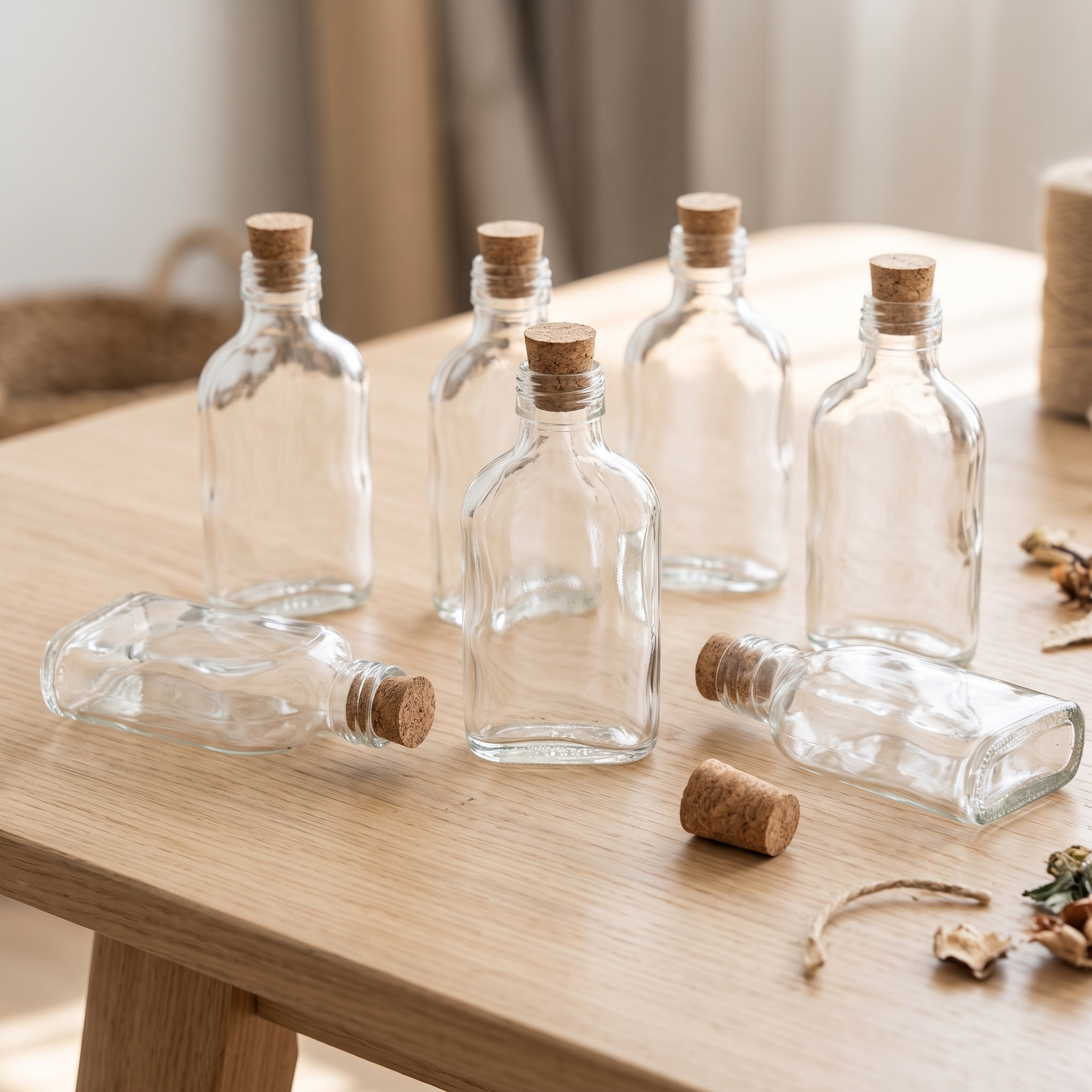 Meerdere lege glazen flesjes met kurk op een houten tafel
