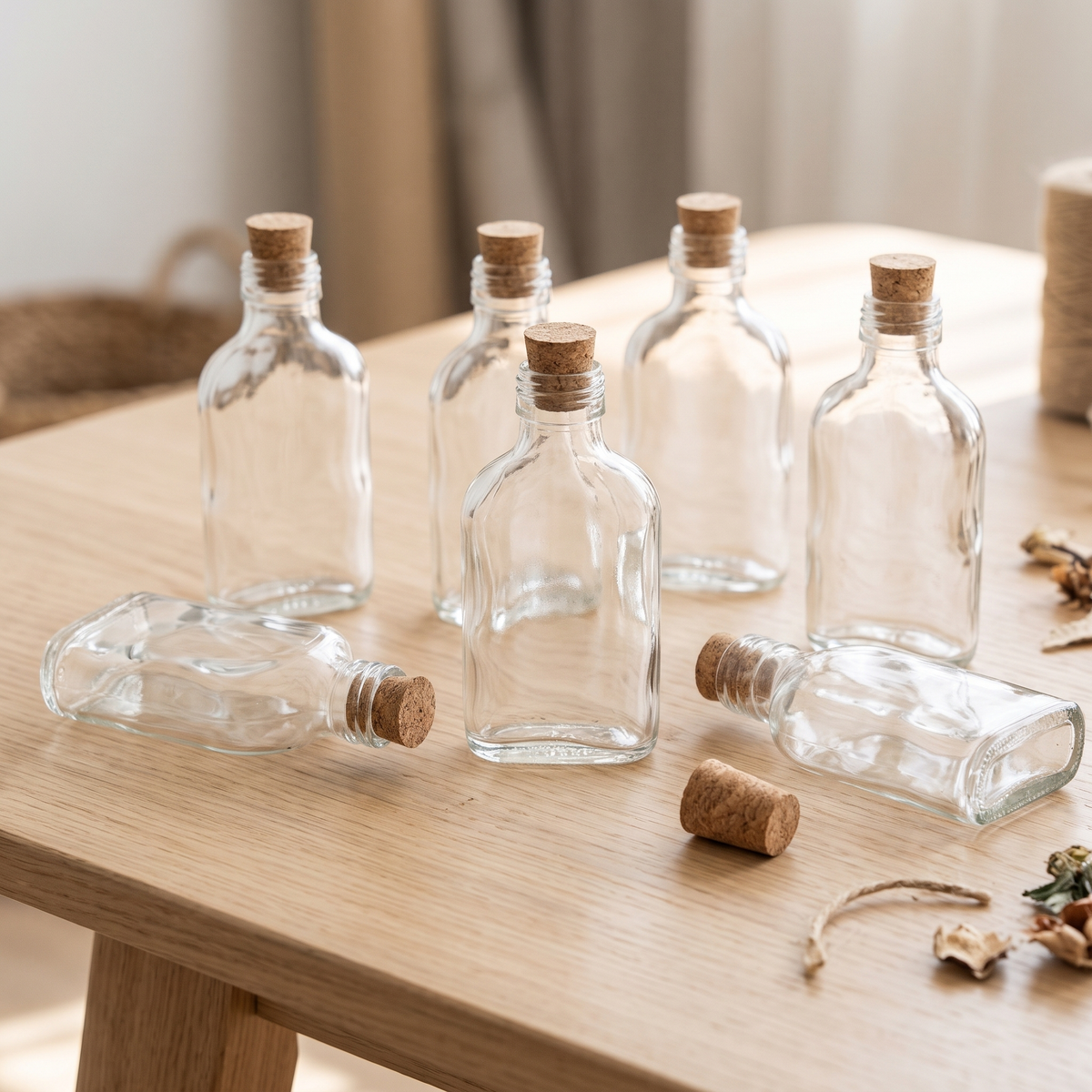 Meerdere lege glazen flesjes met kurk op een houten tafel