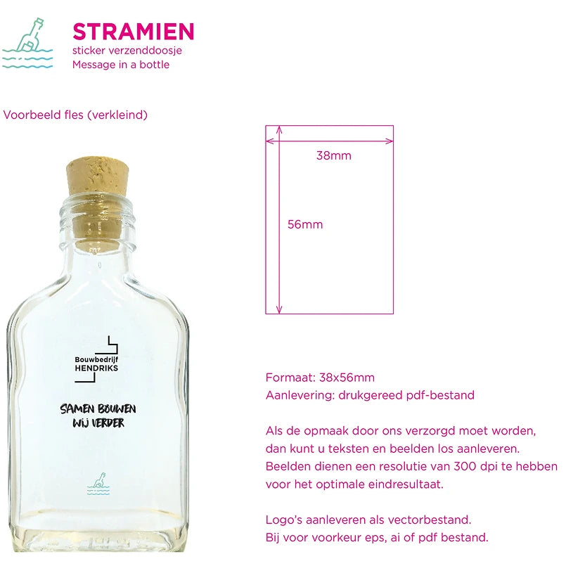 Stramien voor de flesbedrukking van 38 x 56 mm met voorbeeldfles