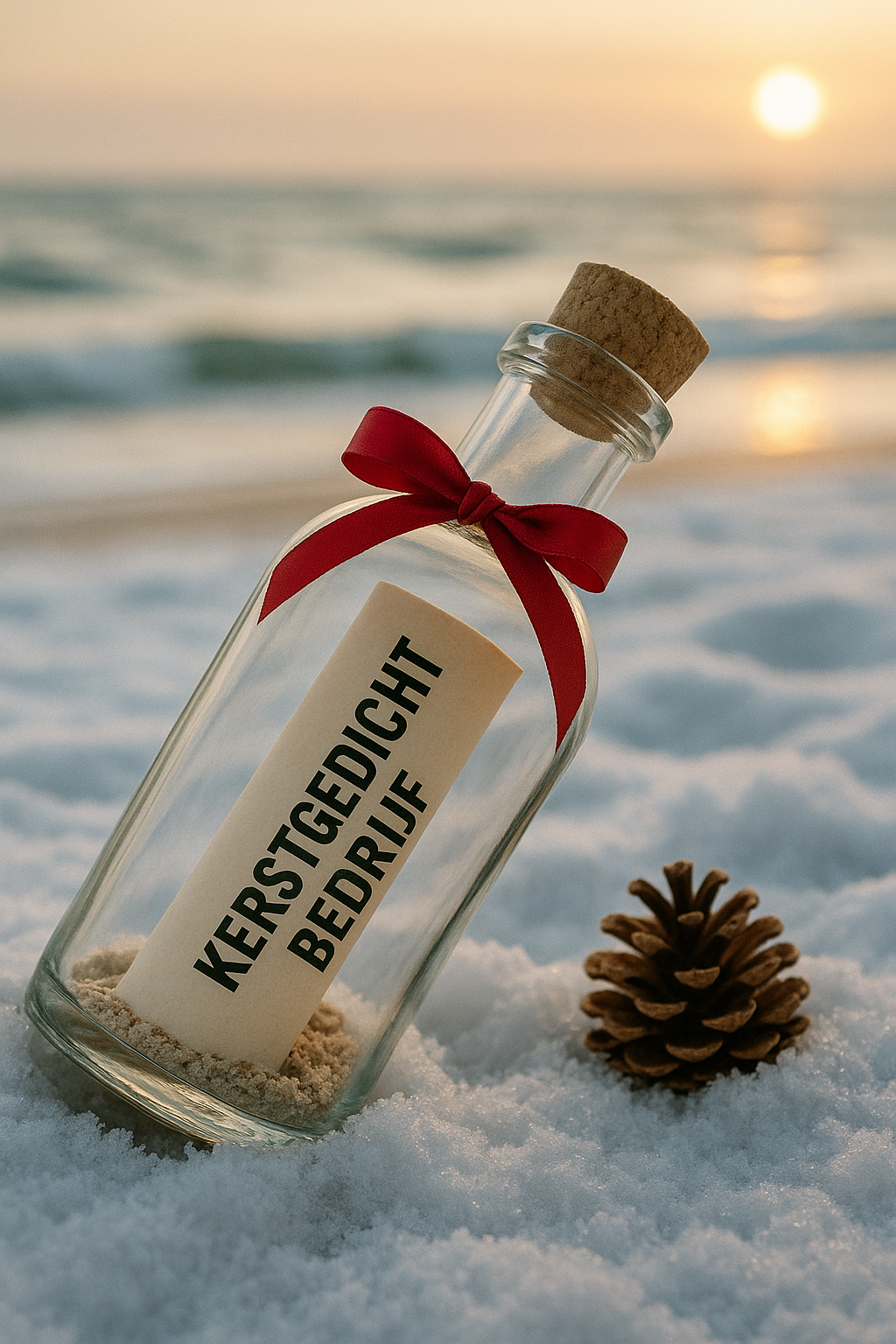 Kerstborrel-uitnodiging: bedrukte strook naast het glazen flesje met nepsneeuw, kerstboompje en gouden lint