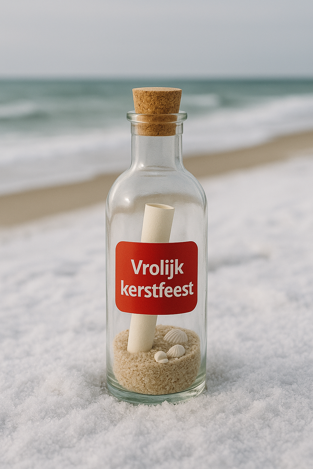 Kerstflessenpost: glazen flesje met nepsneeuw, kerstboompje en opgerolde kerstgroet, met kerstlichtjes op de achtergrond