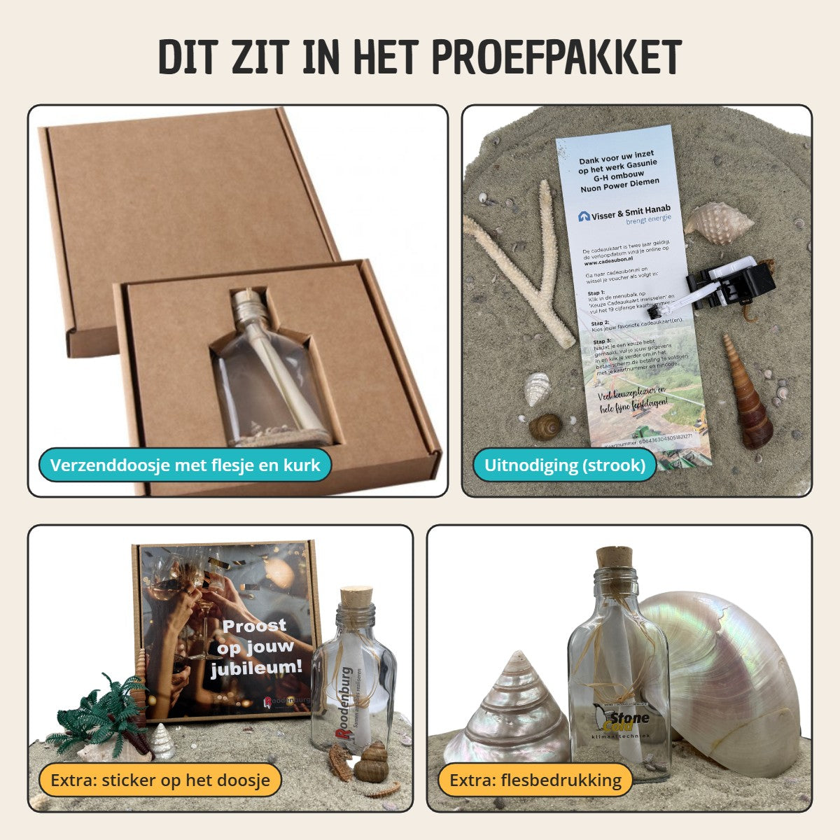 Overzicht van het proefpakket flessenpost: verzenddoosje met flesje en kurk, uitnodigingsstrook, en als extra een sticker op het doosje en een bedrukt flesje