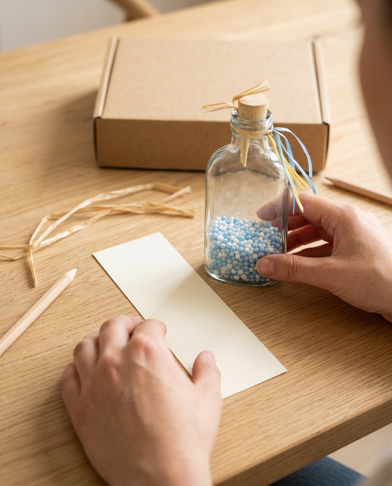 Handen leggen een uitnodigingsstrook naast een glazen flesje met kurk op een houten tafel