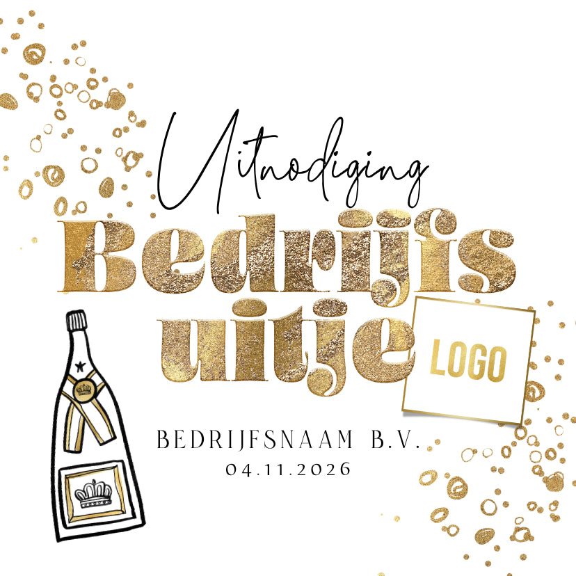 Stijlvolle uitnodiging voor een bedrijfsuitje met bubbels, goud en logo